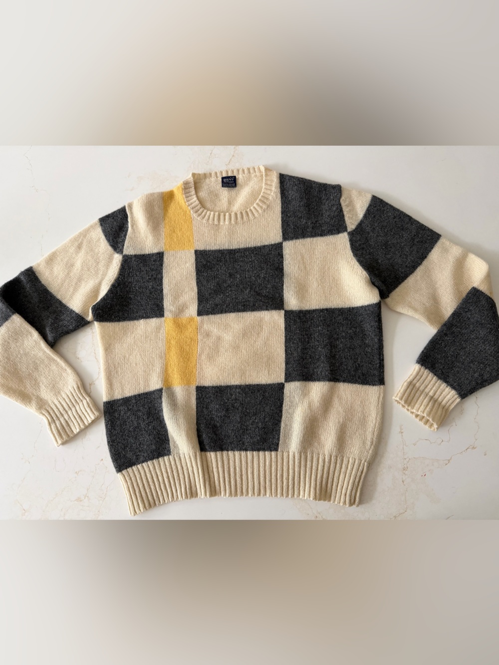 Gant Checkerboard Crewneck Sweater in Cream, Charcoal & Yellow